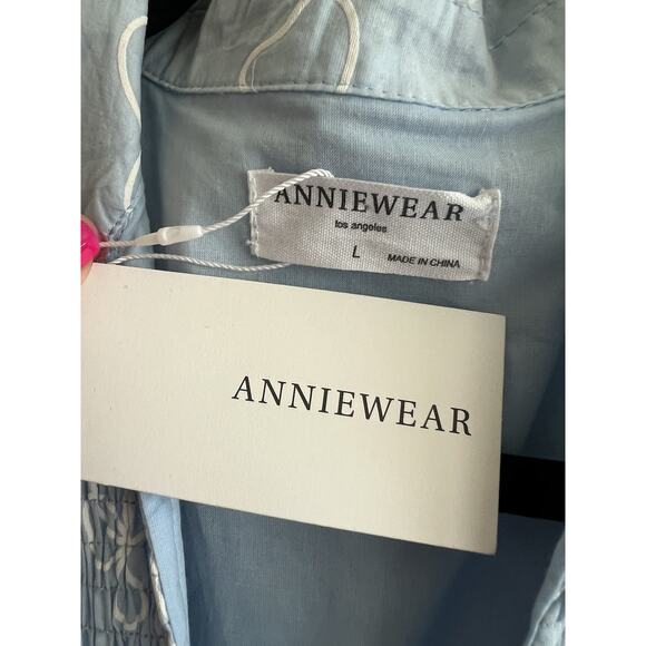 ANNIE WEAR Pale Blue Floral Smocked Puff Sleeve Button Shirt Midi Dress Sz L NWT - Picture 13 of 16